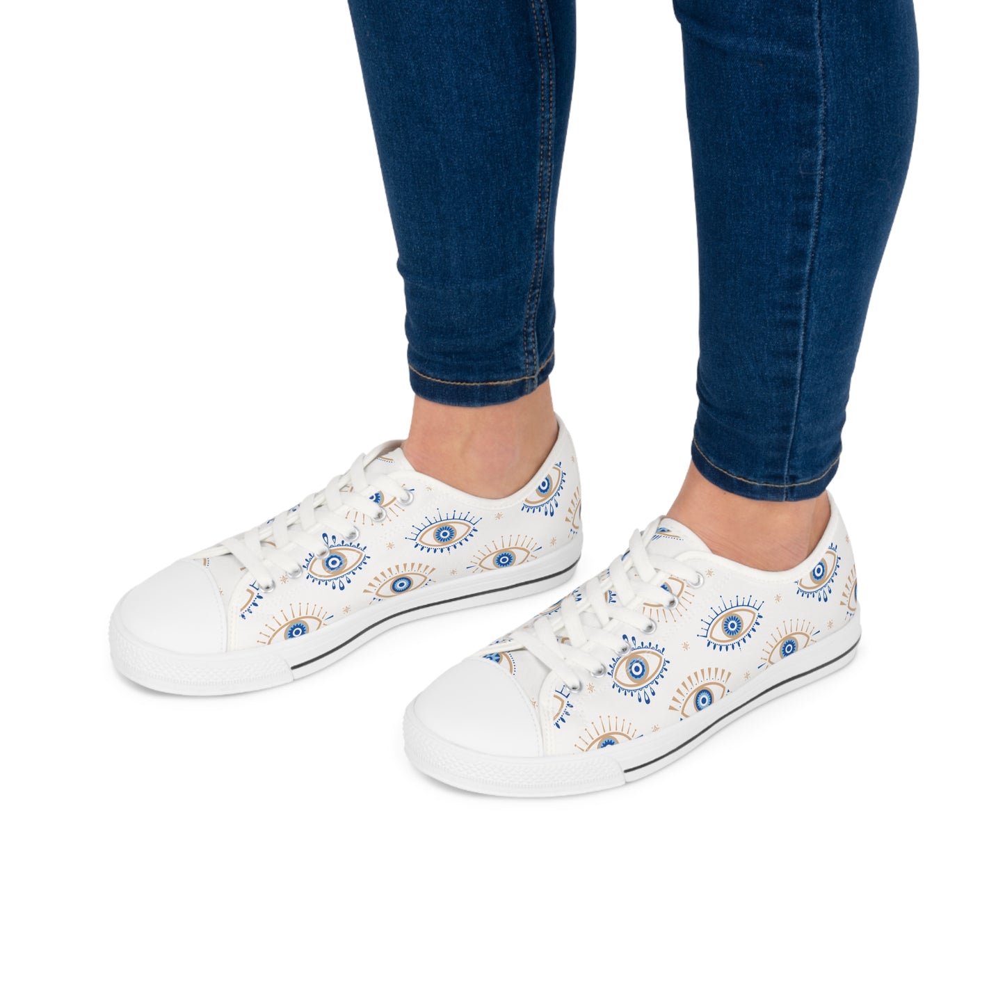 Blue and White "Evil Eye" Women's Low Top Sneakers