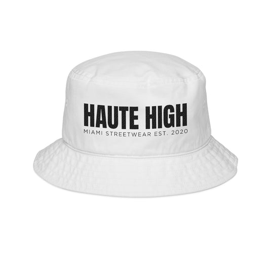 Branded Embroidered White Bucket Hat in Bold font