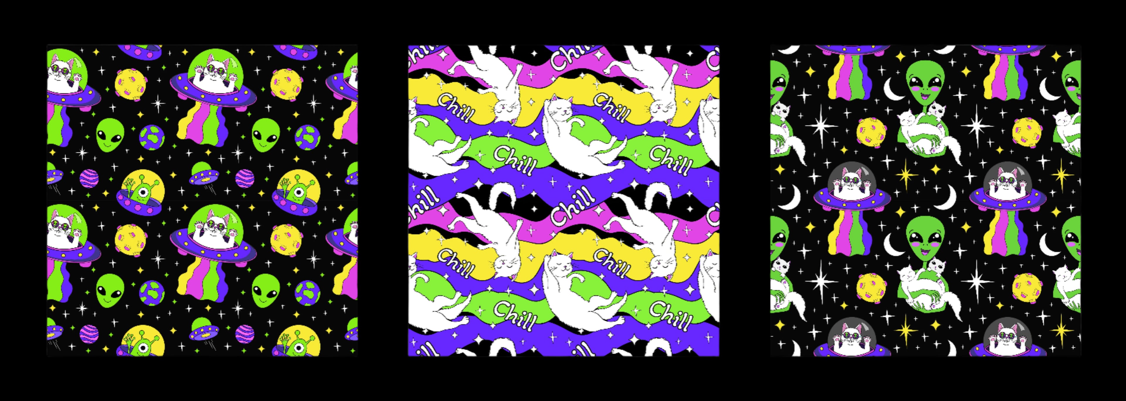 Colorful Aliens and Space Kitties pattern we use in our collection.