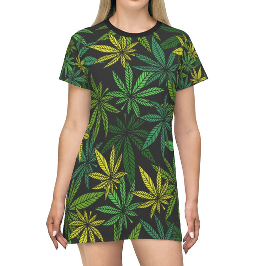 Green Cannabis print Feminine Adult T-Shirt Dress