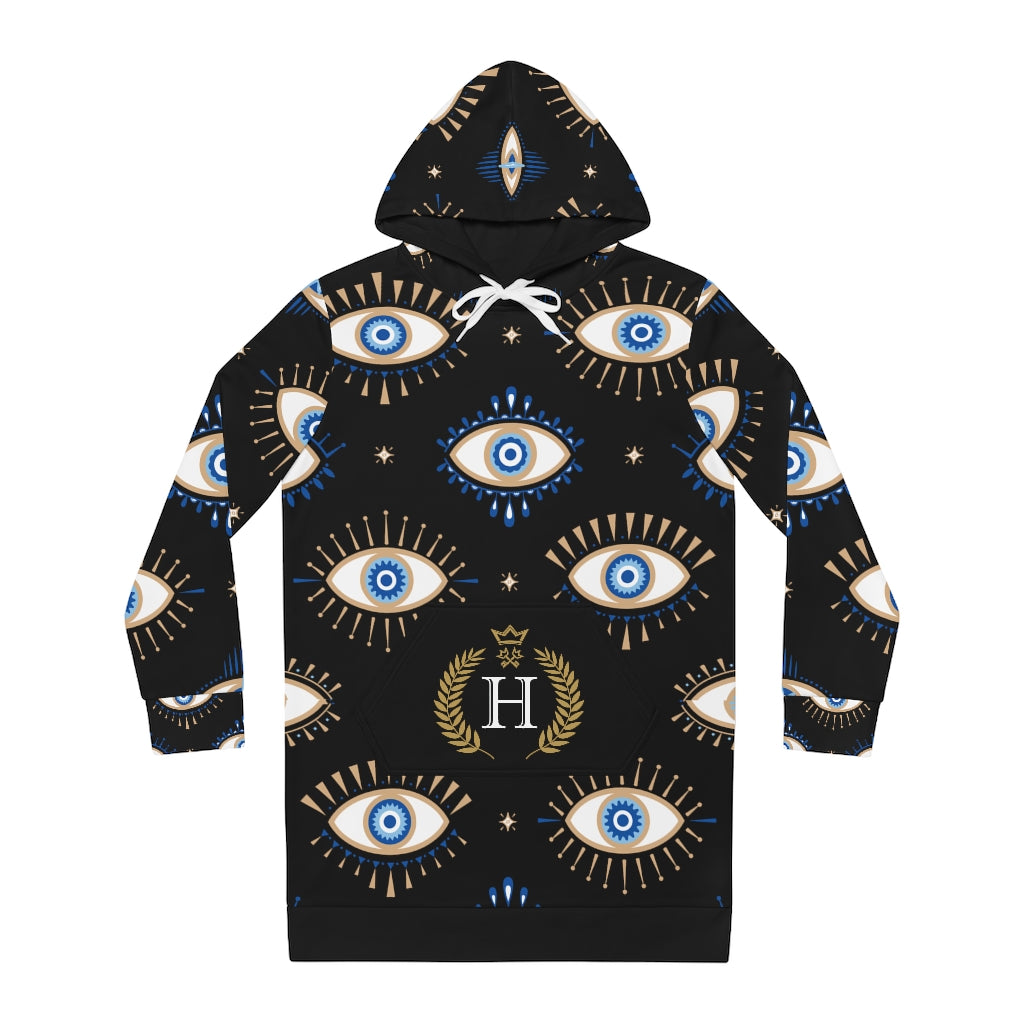 Black Hooded Feminine Adult Oversized Sweater with Evil eye print
