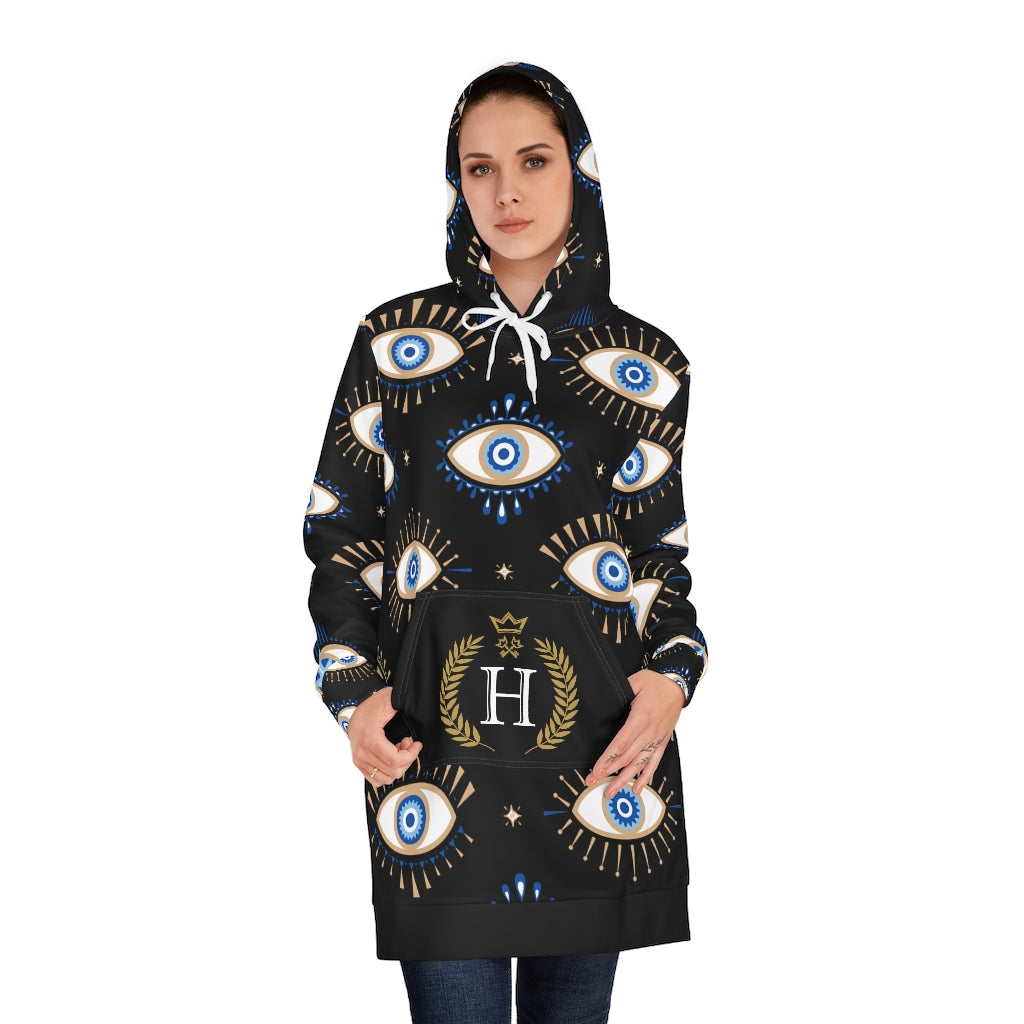 Black Hooded Feminine Adult Oversized Sweater with Evil eye print