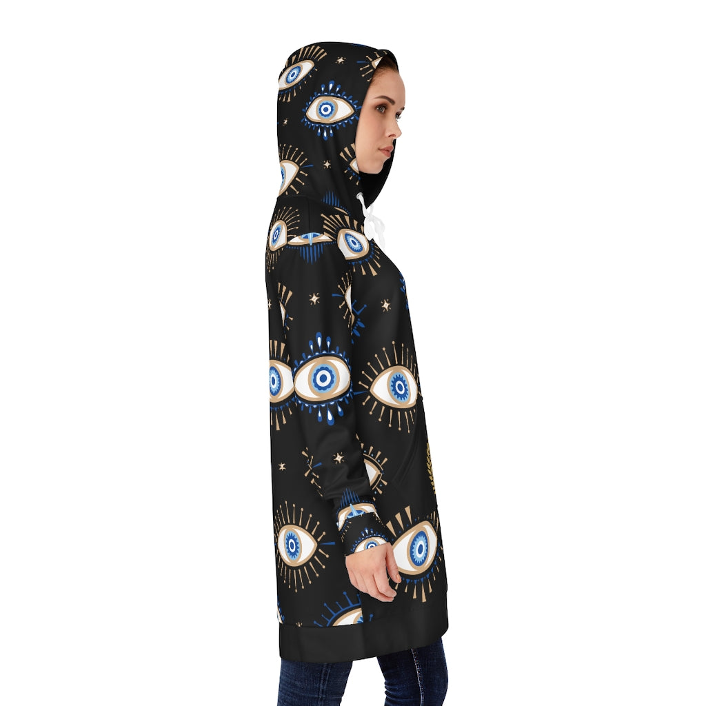 Black Hooded Feminine Adult Oversized Sweater with Evil eye print