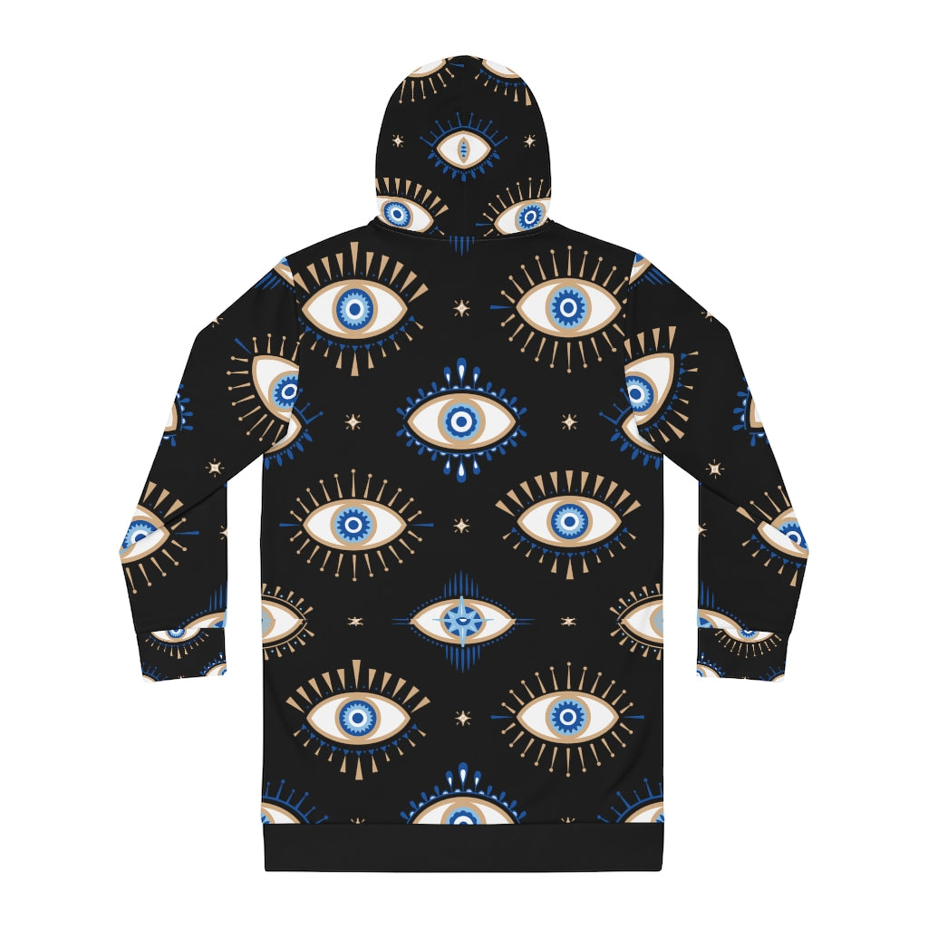 Black Hooded Feminine Adult Oversized Sweater with Evil eye print