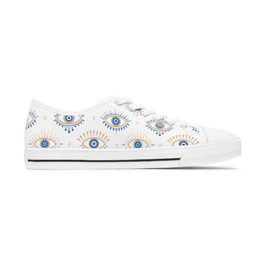 Blue and White "Evil Eye" Women's Low Top Sneakers