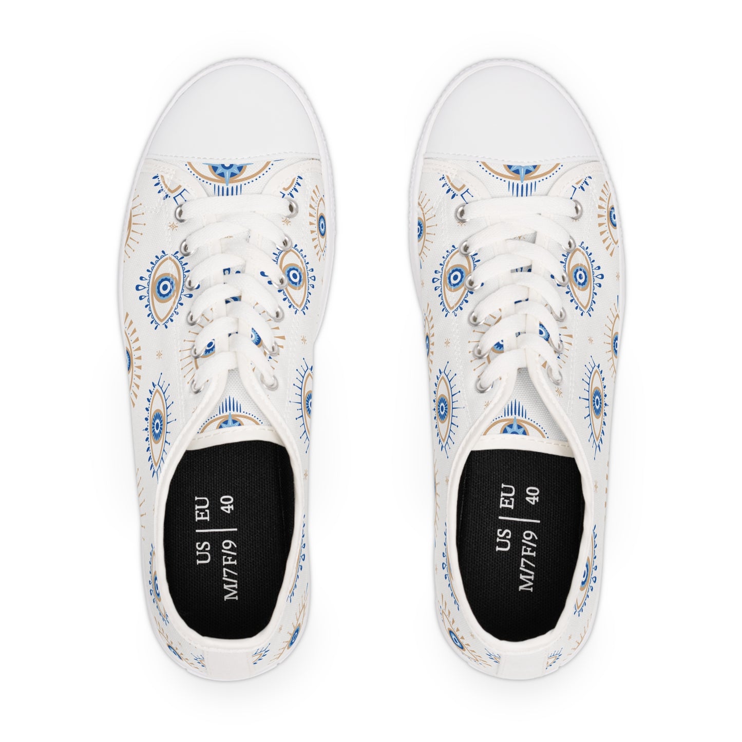 Blue and White "Evil Eye" Women's Low Top Sneakers