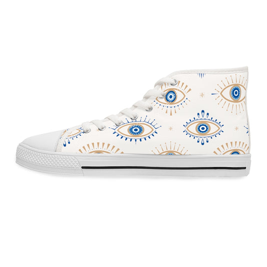 Blue and White "Evil Eye" Women's High Top Sneakers