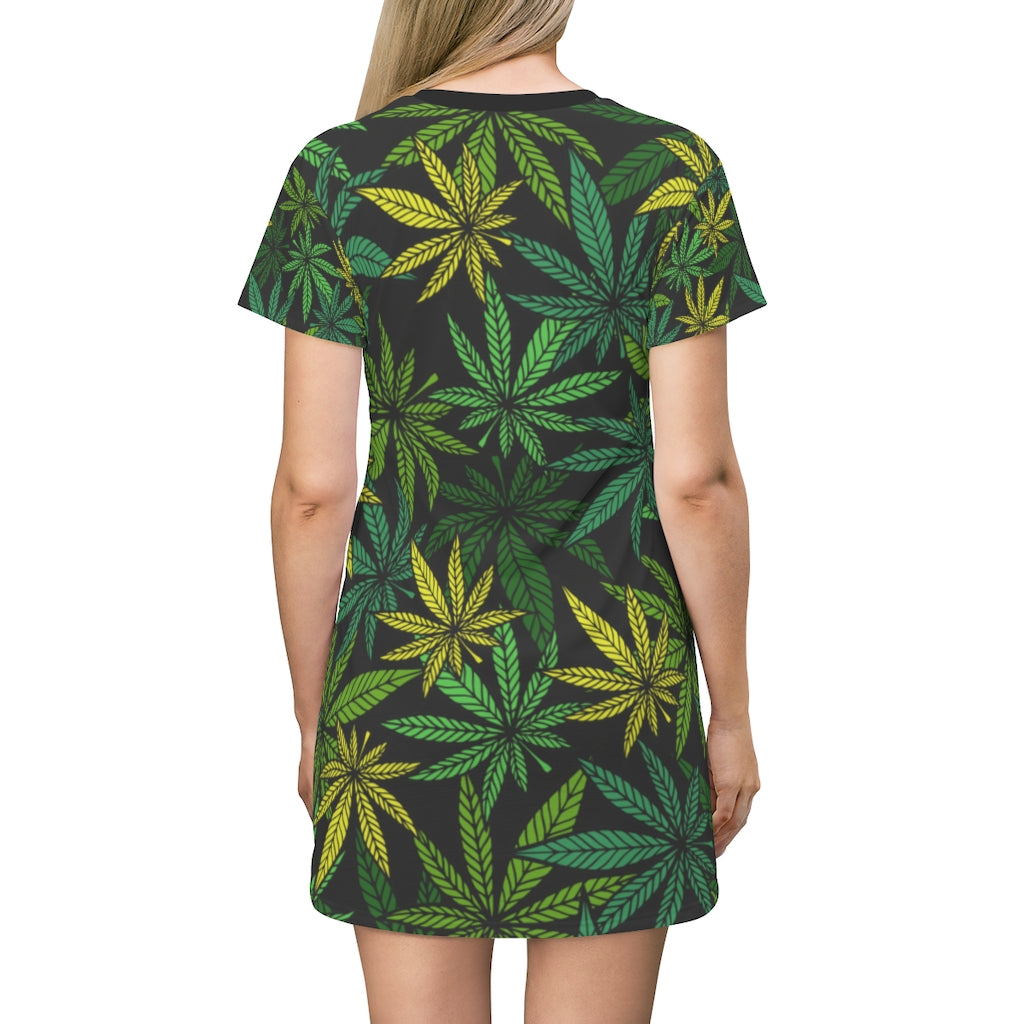 Green Cannabis print Feminine Adult T-Shirt Dress